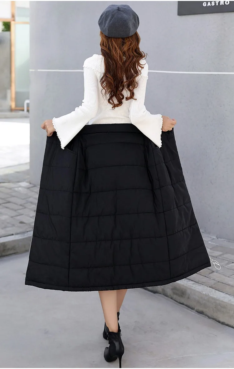 Большие размеры 3XL женские зимние юбки спереди на молнии, с завышенной талией теплые пуховые хлопковые зимние юбки до середины икры длинная юбка