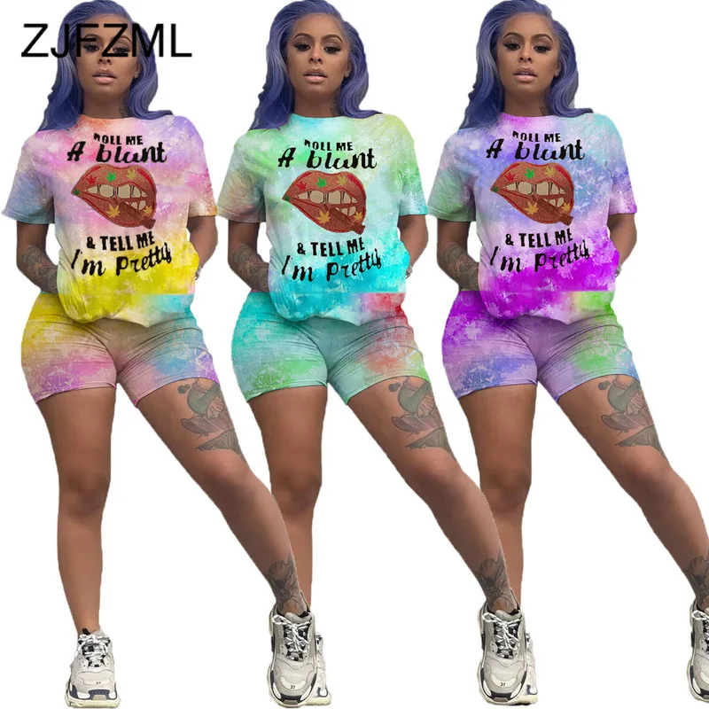 

Plus Size Two Piece Set Women Tracksuit Tie Dye Letter Mouth Print Short Sleeve T Shirt Biker Short Lounge Wear Matching Suits
