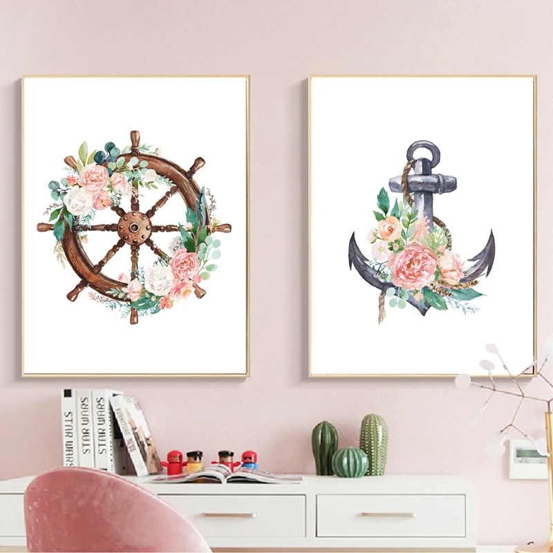 Aquarelle Nautique Marine Floral enfants mur Art Poster Home Decor
