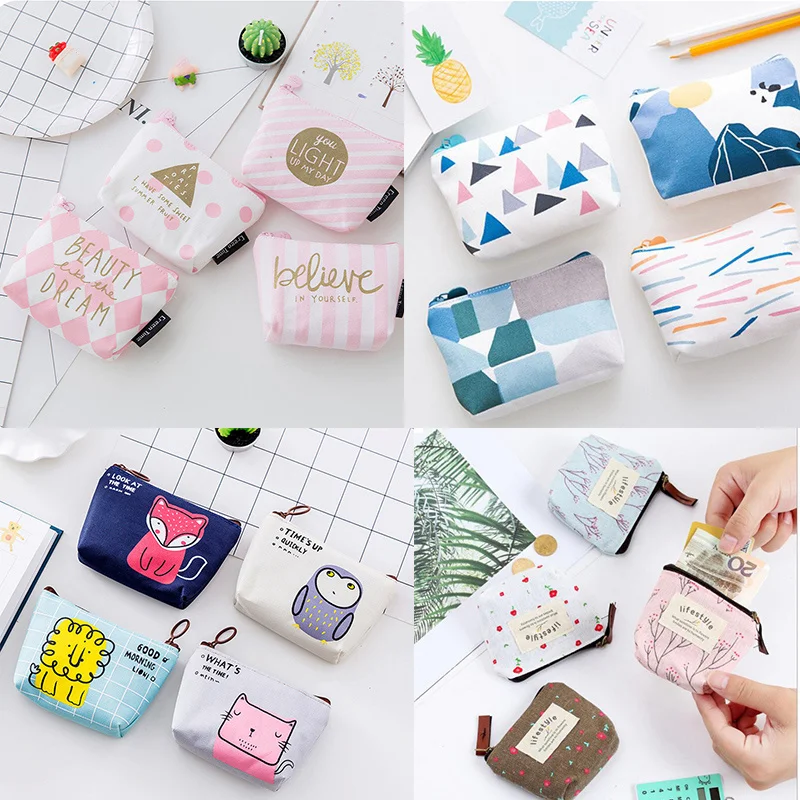 Wallet Pouch Holders Earphone Key-Bags Coin-Purses Coin-Money-Card Canvas Animal Fruit-Print