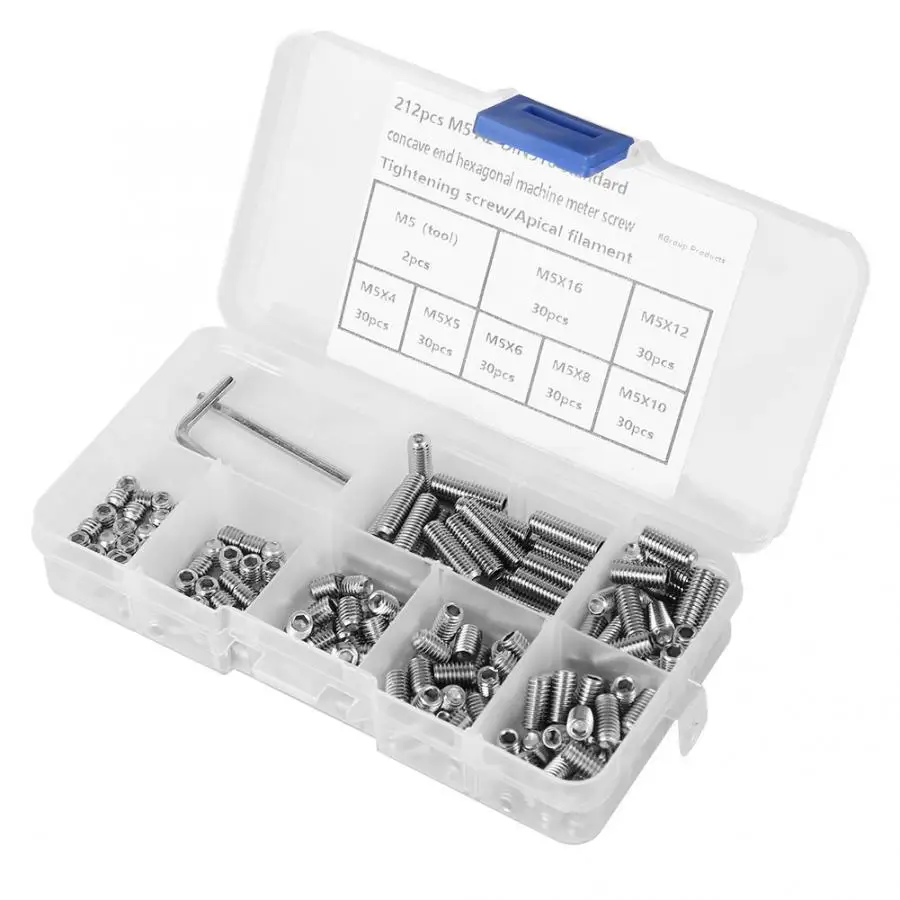 

212 Pcs/set Grub Screw M5 A2-DIN916 304 Stainless Steel Hex Socket Concave End Set Screw Set tornillos cabeza arandela