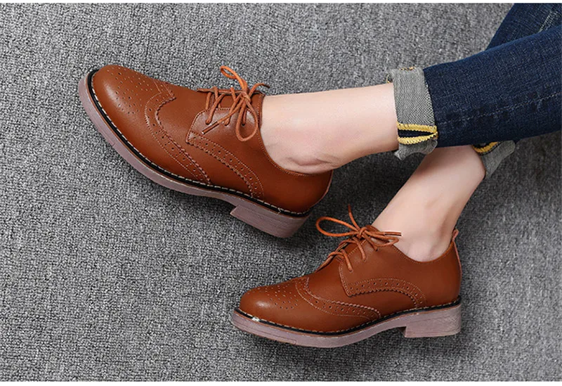 Spring Autumn Lace-Up Soft Leather Women Shoes Oxford Vintage Carved Flat Oxford Shoes For Women Big Size 41 Female Brogue Shoes (4)
