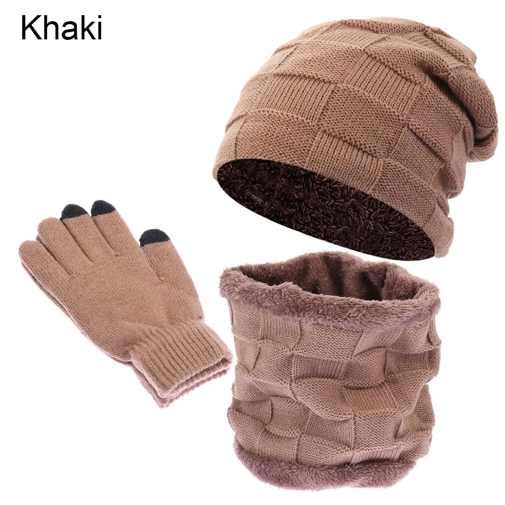 khaki Зимние шапочки, шарф, перчатки, набор для мужчин и женщин, Флисовая теплая вязаная шапка, шейный шарф, перчатки для сенсорного экрана, теплые зимние аксессуары - Цвет: khaki