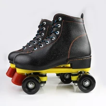 Black Double Line Skates For Women And Men Cowhide Leather Roller Skates Two Line Skate Shoes Patines With Flash Wheels Patins