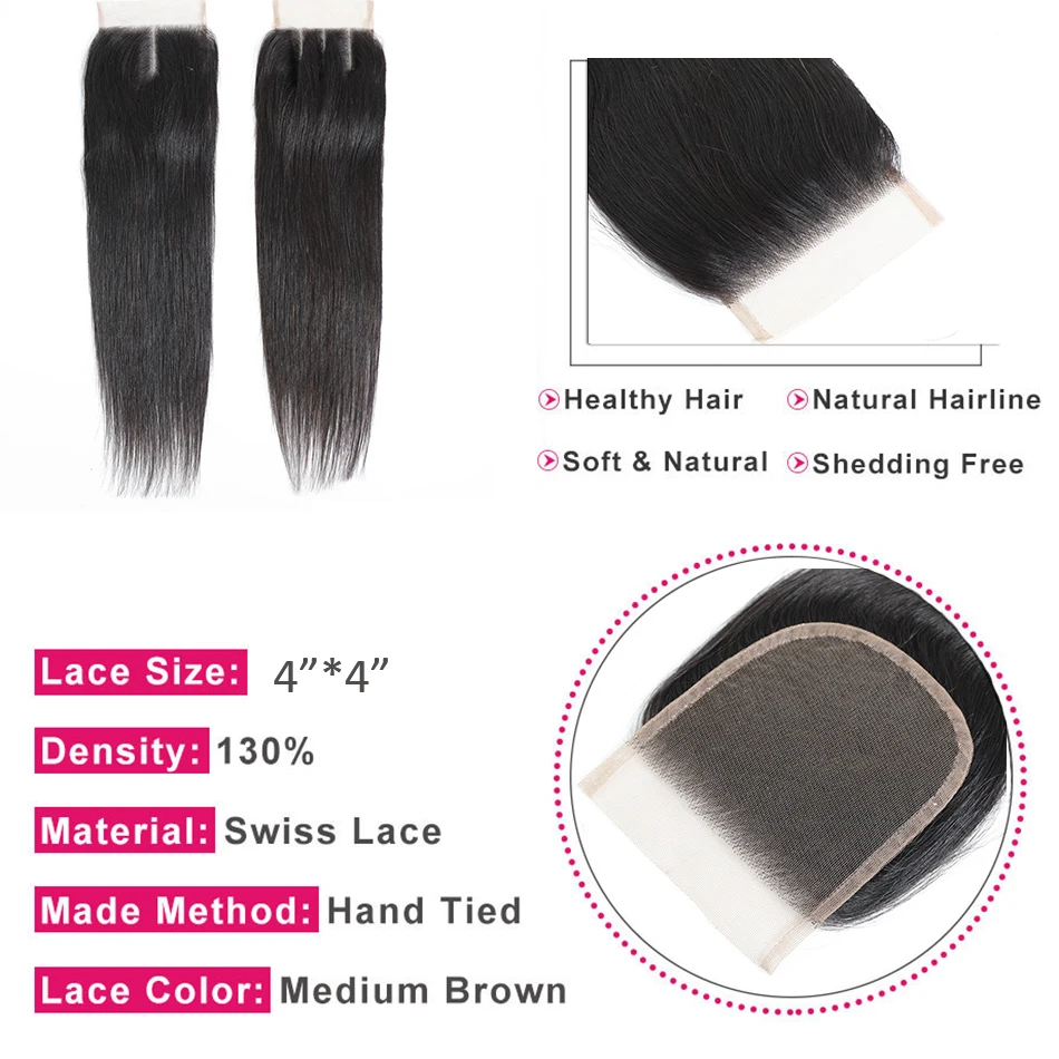 LINKELIN Human Hair Bundles With Closure Brazilian Straight Hair Bundles With Closure Remy Hair 4 Bundles With Closure