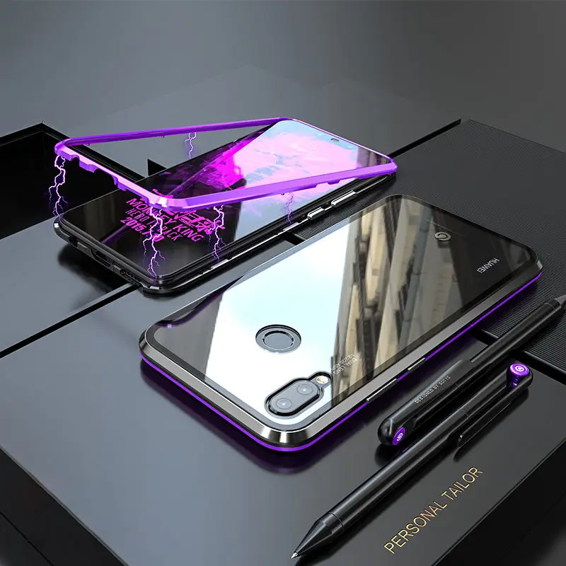 Роскошный Магнитный чехол для huawei Nova 3 3i mate 20 P20 Pro Lite, металлический бампер, стеклянная задняя крышка, huawei Nova 3i чехол mate 20 P20Pro - Цвет: Black Purple