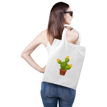 

Cute Green Cactus Printing Shopping Bag Canvas Shoulder Bag Lady Handbag Reusable Large Capacity Girl Tote Book Bags