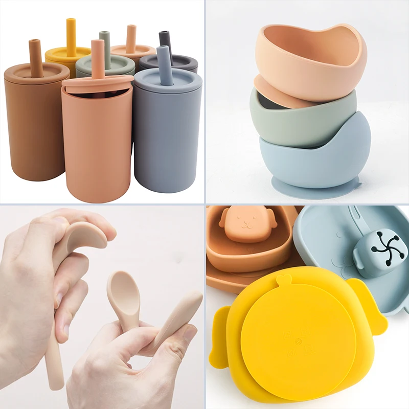 Bpa Free Children's Tableware Fashionable Soft Silicone Food Plates Easy To Clean Washing Up Straw Cup Spoons Cute Gadget