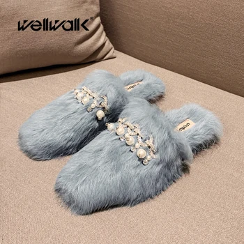 

Fur Home Shoes Women's Slippers Unicorn Plush Pearl Buckle Mules Chic Style Female Winter House Loafers Slip On Fashion Slides