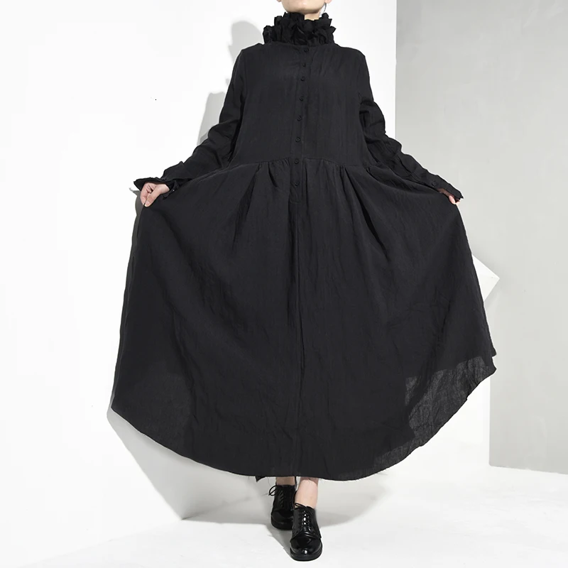 [EAM] женское черное Плиссированное асимметричное длинное платье, новинка, воротник-стойка, длинный рукав, свободный крой, мода, весна-осень JI0980