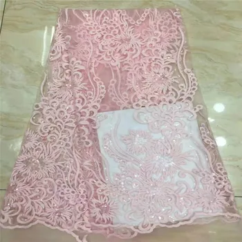 

Embroidery Leaves Pattern Lace with pink Sequins Hot Sale African French Tulle Mesh Lace Fabric Sequins Lace Fabric for Bridal