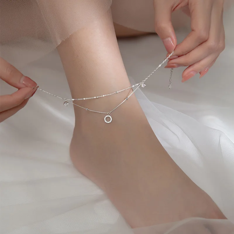 WOOZU 진짜 여성용 럭셔리 더블 레이어 비드 크리스탈 지르콘 체인 발찌, 미니멀리스트 발 비치 쥬얼리 선물