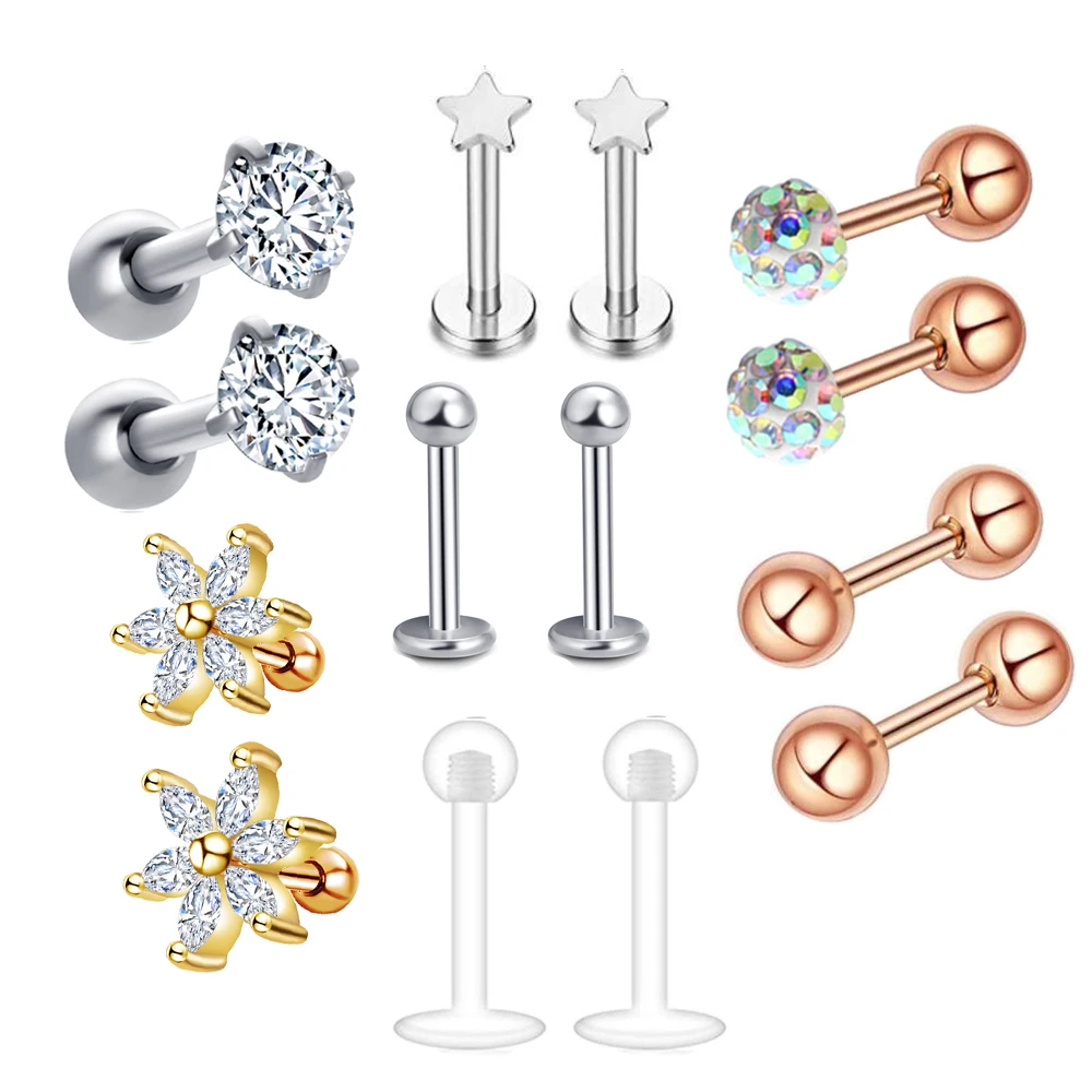 

JUNLOWPY 1-7Pairs Ear Cartilage Earrings Stainless Steel Ball Stud Barbell Tragus Helix Ear Piercing Body lip Labret For Women