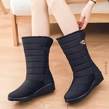 Женские ботинки до середины икры; зимние водонепроницаемые ботинки на платформе; Плюшевые ботинки; botas mujer; теплые женские ботинки на толстом меху; Цвет Черный; botines zapatos mujer;