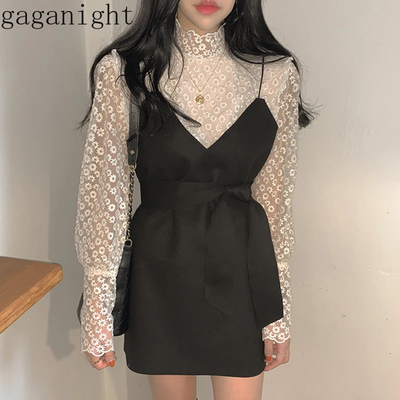 

Gaganight Elegant Fashion Women Two Pieces Set Solid Lace Blouse Black Mini Short Dress Korean Lady Outfit Sexy Chic Suit Female