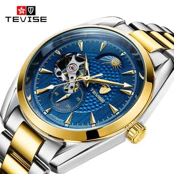 

TEVISE Vintage Moon Phase Watch Men 60-sec Chronograph Skeleton Mechanical Male Wristwatches Automatic Self Winding Montre Homme