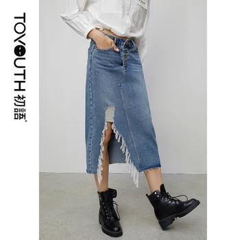 

Toyouth 2020 Spring High Waist Denim Skirts For Women Streetwear Solid Ripped Midi Jeans Skirts