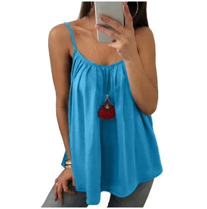 Strap Stitching Fold Multicolor Chiffon Vest Loose Sexy Small Strap Solid Color White Gray Green Black 6XL Camis tank top - Цвет: sky blue