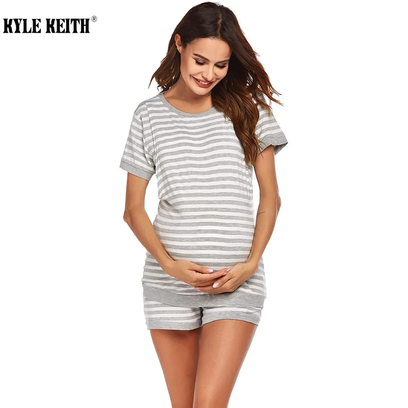 Las mujeres pijama cuidado de maternidad ropa de dormir conjunto lactancia de manga corta a rayas de enfermería Tops + Pantalones de embarazo para el Hospital a casa