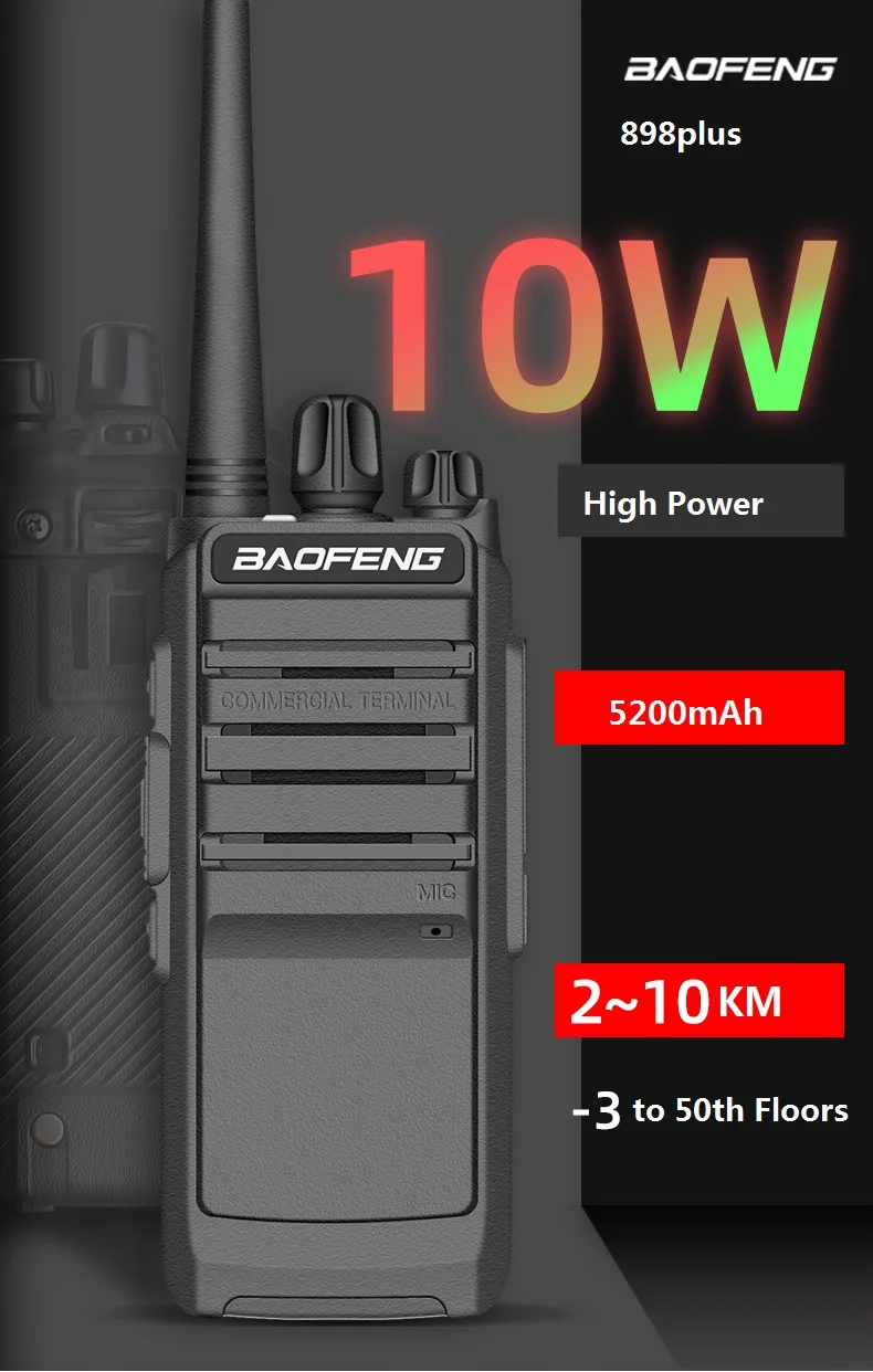 10 Вт Baofeng BF-898 плюс высокая мощность 5200 мАч двухстороннее радио 50 км CB радио FM приемопередатчик портативная рация Intercom