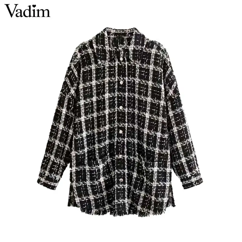 Vadim Женская клетчатая негабаритная твидовая куртка с кисточками и карманами, свободный стиль, пальто с длинными рукавами, женская верхняя одежда, повседневные шикарные топы CA615