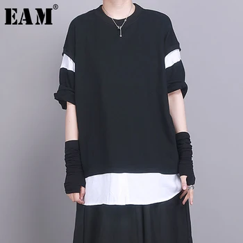 

[EAM] Women Black Contrast Color Split Big Size T-shirt New Round Neck Half Sleeve Fashion Tide Spring Summer 2020 1T050