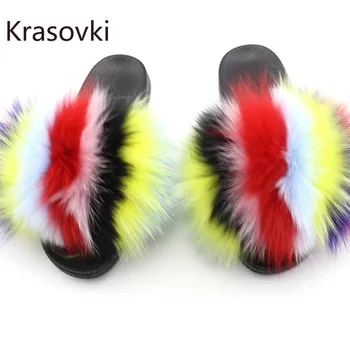 

Krasovki Women Summer Shoes Real Fox Fur Slippers Furry Slides for Women's Fluffy Indoor Zapatos Mujer Slippers Sandals Platform