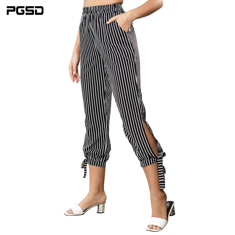 

PGSD Spring Summer Cropped female Trousers Fashion Korean Style Black White Vertical Stripe Split Bow Pants Women Clothing