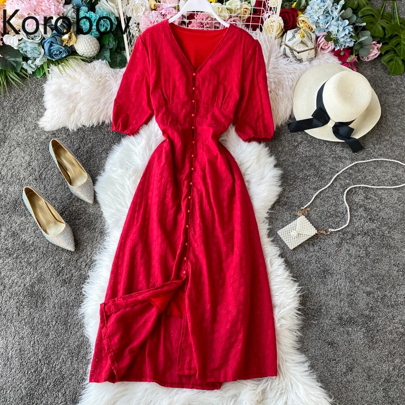

Korobov 2020 Spring Summer Beach Style Women Drress Fashion Short Sleeve High Waist Dresses V Neck Single Breasted Vestidos