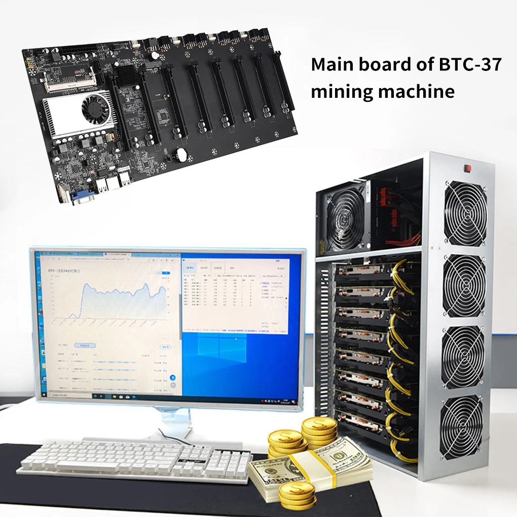 BTC-37 Miner Motherboard CPU Set SATA 3.0 8 GPU PCI-E 16X Motherboard with USB 2.0 DDR3 Memory Slots Computer Parts
