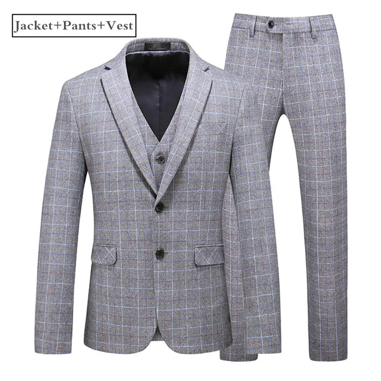 3 Piece Gray Plyesxale, серый, коричневый, клетчатый костюм, мужской, приталенный, высокое качество, мужские, s, шерстяные костюмы, три части, официальное платье, костюм, мужской, 6XL, большой размер, Q939 - Цвет: 3 Piece Gray