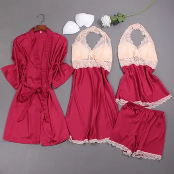 

Sexy Womens 4PCS Pajamas Set V-Neck Nighties Wear Home Negligee Nightwear Lingerie Pijama Spring Nighty Robe Gown Suit Sleepwear