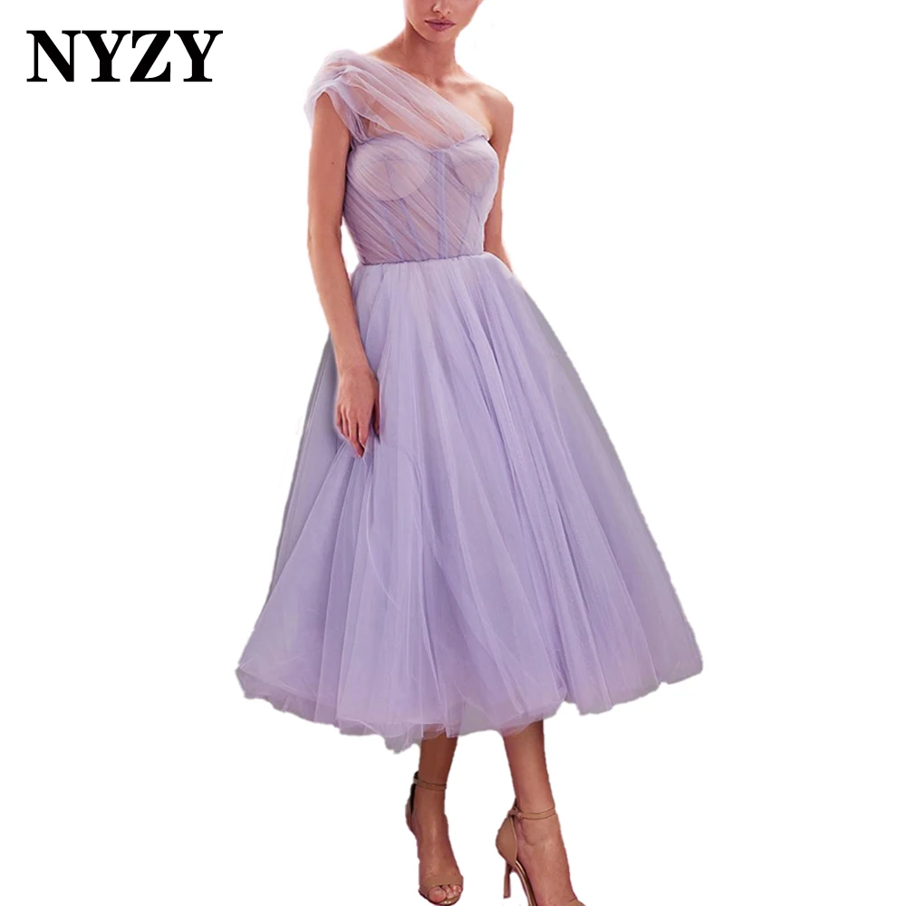 

NYZY P118 One Shoulder See-through Top Tulle Lilac Cocktail Dresses Party Graduation Homecoming Evening Gown