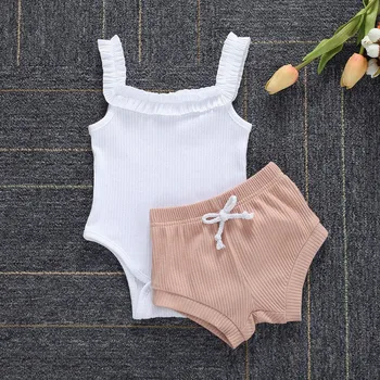 

2020 Baby Girls Boys Clothing Summer Sleeveless Newbown Bodysuits Ribbed Ruffled Solid Shorts Two Piece Baby Girl Clothes Summer
