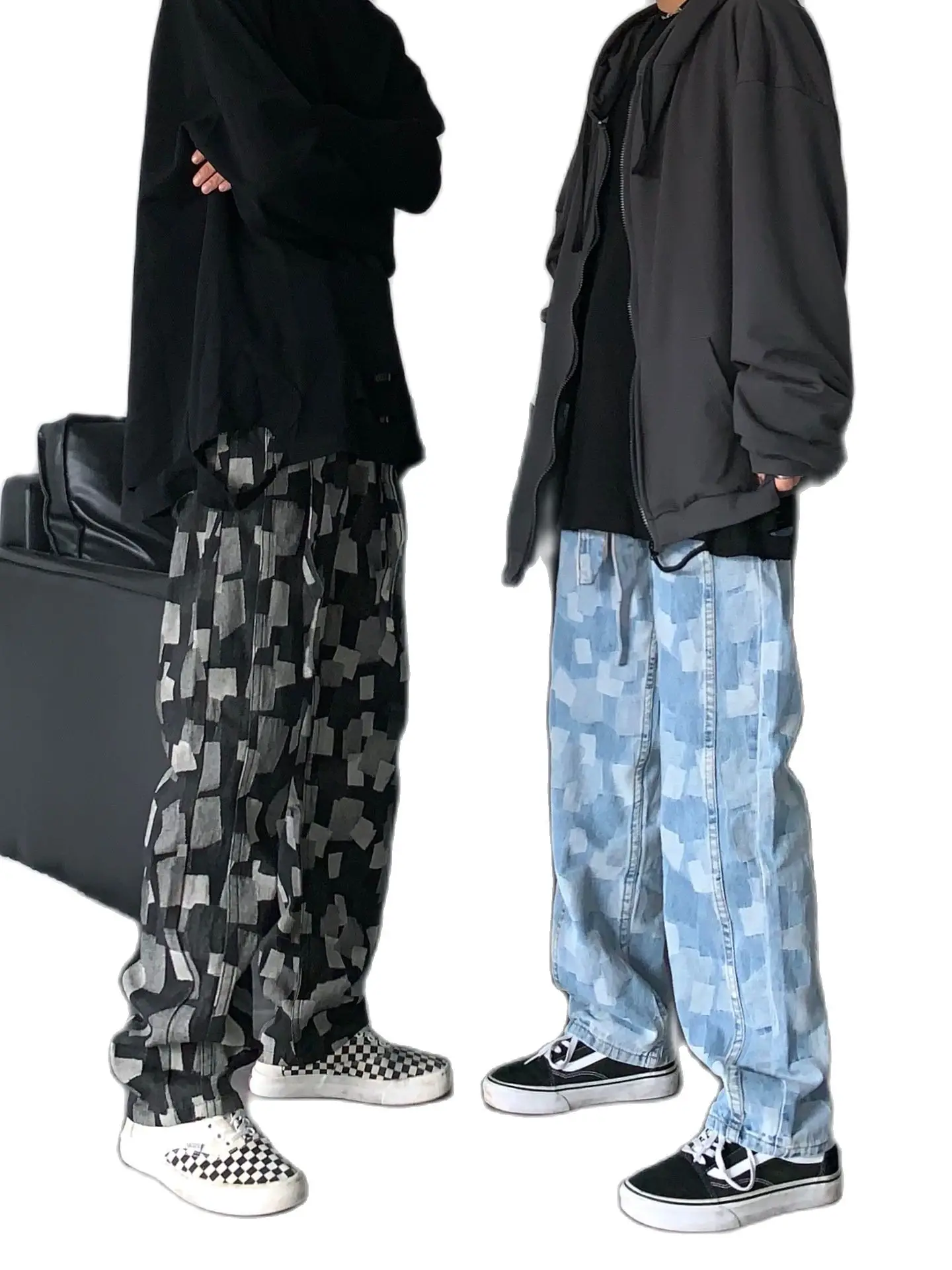 Retro Men's Jeans Plaid Print Straight Tube Wide Leg Pants Japanese Street Hip Hop Baggy Jeans Fashion Men's Harajuku Trousers 1
