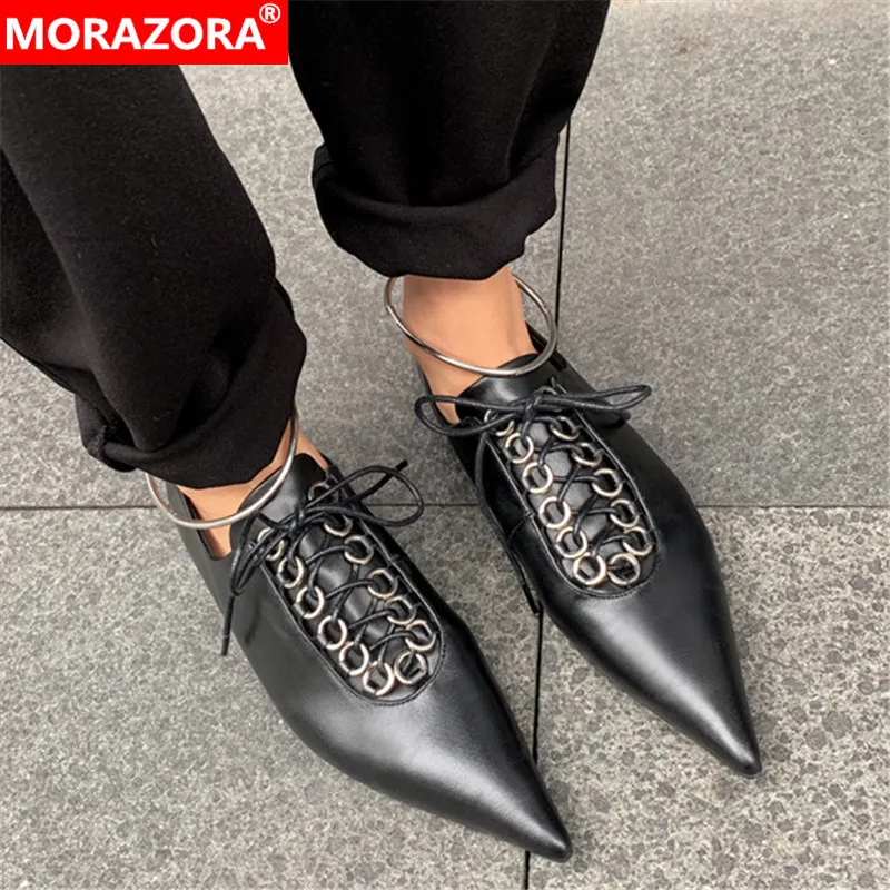 Женские туфли на плоской подошве MORAZORA черные из натуральной кожи шнуровке с
