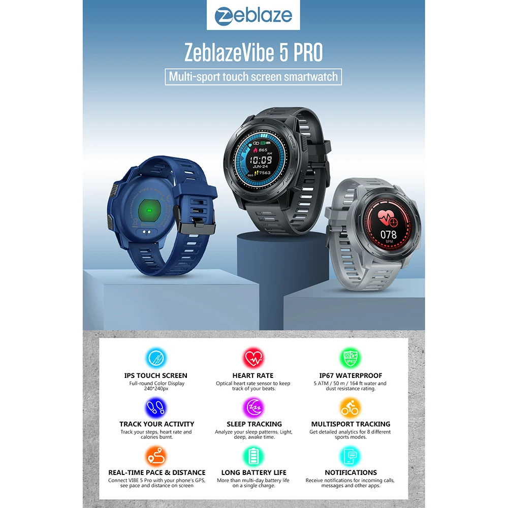 Zeblaze VIBE 5 PRO, цветной сенсорный дисплей, умные часы, пульсометр, много видов спорта, отслеживание, смартфон, уведомления, IP67, умные часы для мужчин