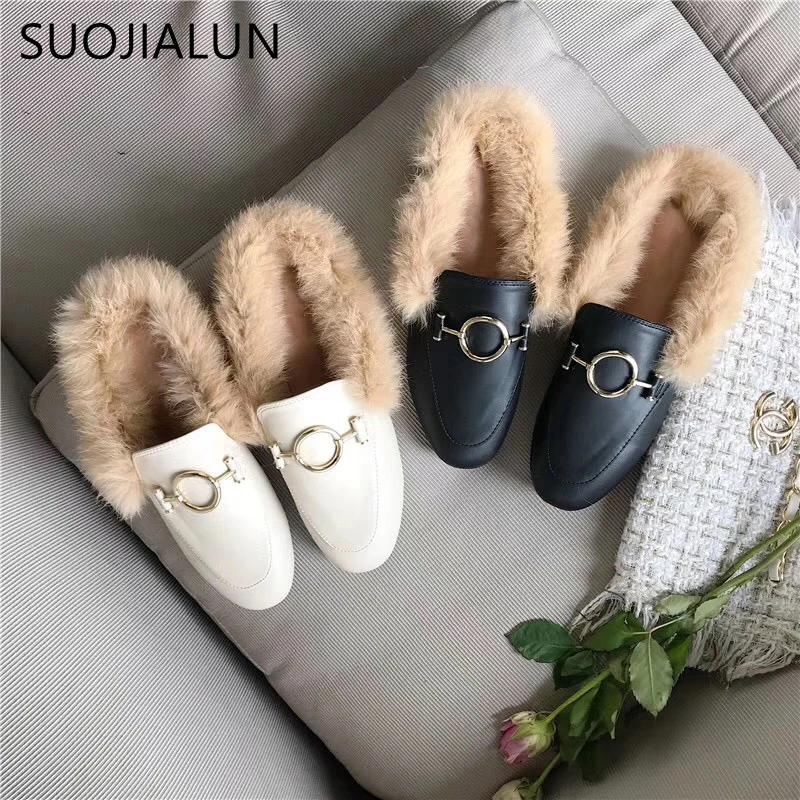 SUOJIALUN/фирменный дизайн; женские меховые тапочки; балетки на плоской подошве; Лоферы без застежки; сандалии с пряжкой из металла; женская обувь; женские шлепанцы