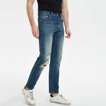 

2019 New Black knee Ripped jeans Men's Slim feet tide Spring and Summer Stretch Denim trousers More Size 29-34 36