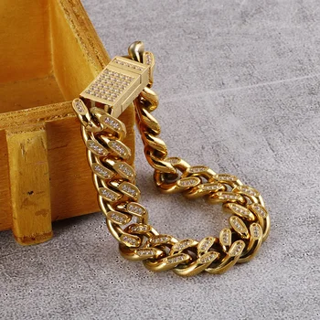 

valentine Gift 14mm 8 inch High Quality Top Crystals CZ Stainless steel cuban curb link chain bracelet mens bangle