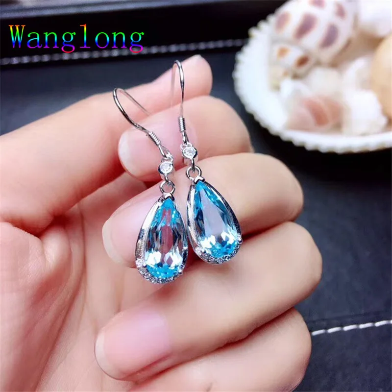 Wanglong 925 пробы серебро натуральный голубой топаз серьги в форме капли 6*12 мм для женщин Цвет ювелирные изделия
