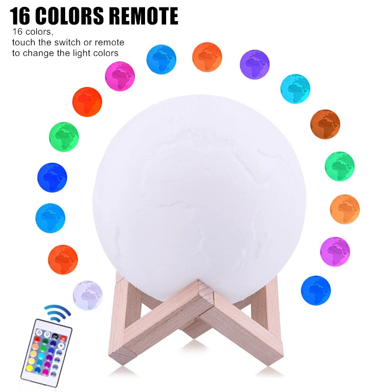16 colors remote 3D печать земля ночник с деревянной подставкой 2/16 цветные огни, сенсорный выключатель/пульт дистанционного управления прикроватный ночник украшение дома - Испускаемый цвет: 16 colors remote