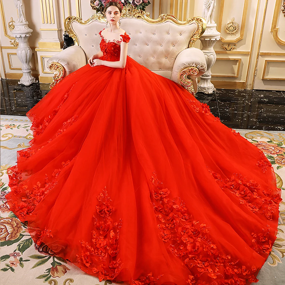 Vestido De Noiva Princesa изготовление на заказ Бисероплетение аппликации цветы Великолепный красный бальное платье Свадебные платья плюс размер Hochzeitskleid