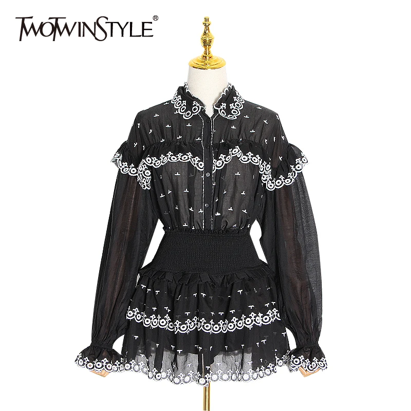 

TWOTWINSTYLE Patchwork Lace Print Two Piece Set For Women Ruffle Flare Sleeve Shirt High Waist Skirt Female Suit 2020 Spring New