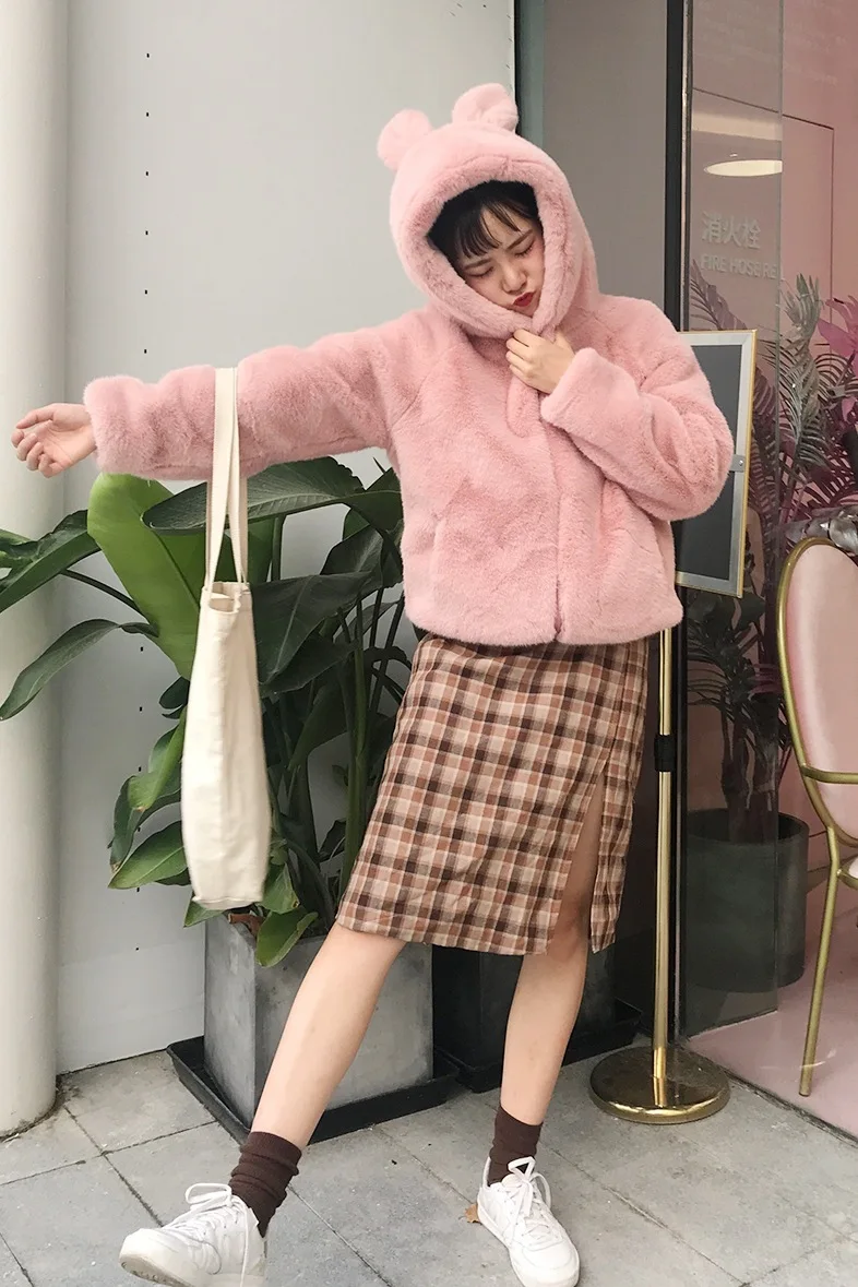 Cute Hooded Faux Fur Rabbit Ears Hooded Fluffy Coat Cartoon Imitation Rabbit Fur Grass Thick Jacket Soft Cardigan Bomber Tops