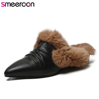 

Smeeroon 2020 top quality genuine leather shoes women slipper pointed toe comfortable low heel winter casual shoes ladies