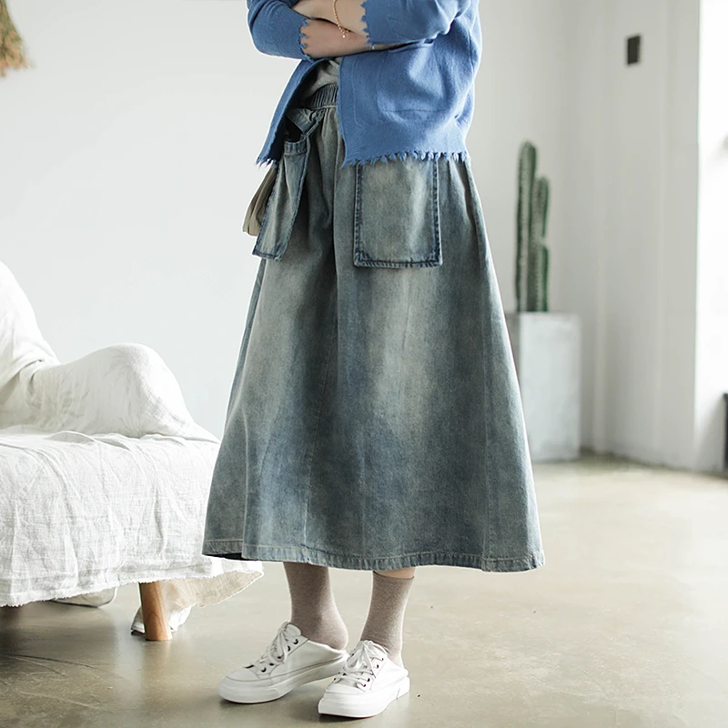 Faldas vaqueras largas de algodón 2019 para mujer, de media cintura elástica, azul, primavera y otoño, con bolsillo grande, gratis, 100%|Faldas| -