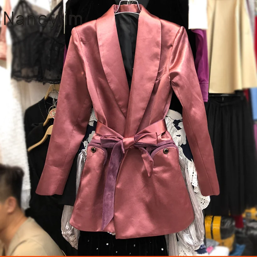 Длинный блейзер для женщин, осенний темперамент знаменитостей, модный атласный маленький костюм, куртка, пальто, женские блейзеры, блейзер Feminino - Цвет: Бургундия