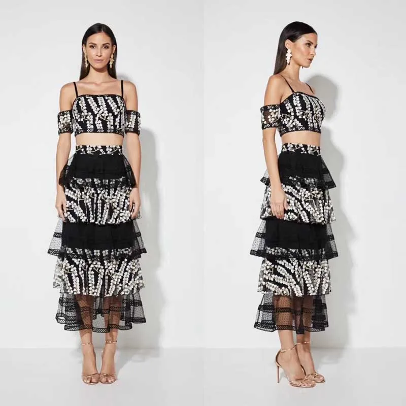 

wholesale 2019 summer New Ladies suits Black lace Strapless bandage top&skirt fashion Cocktail party two Piece Set Dress
