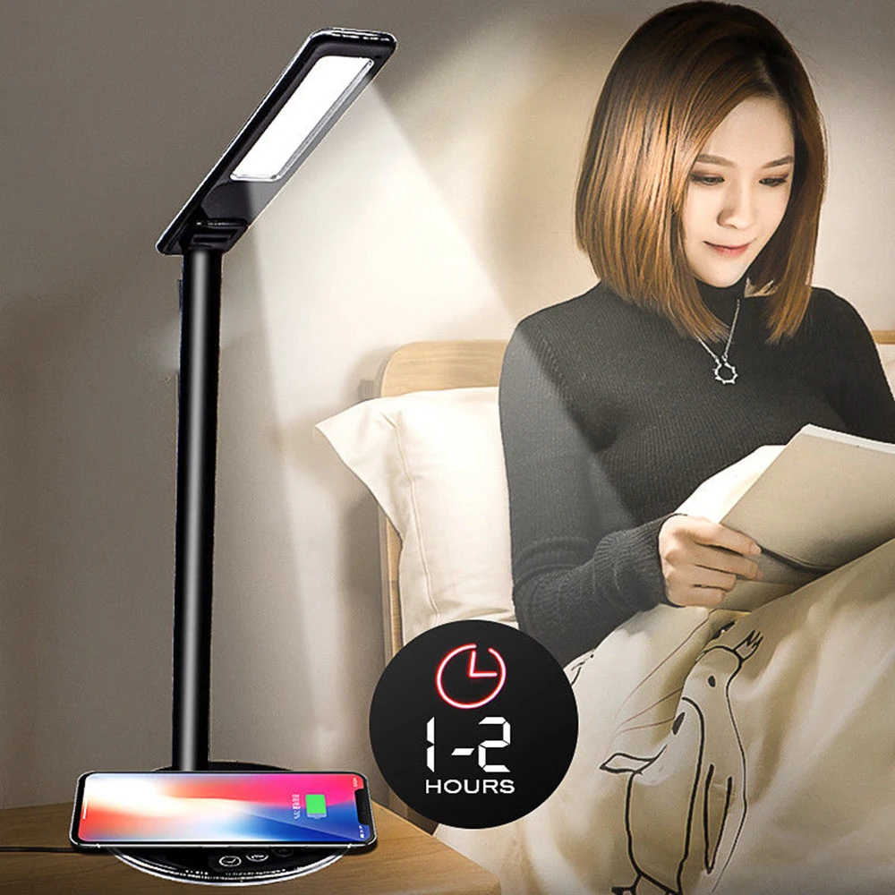 Настольная лампа для чтения 48LED Smart Touch Беспроводная зарядная лампа для глаз с беспроводным быстрым зарядным устройством для зарядки мобильного телефона